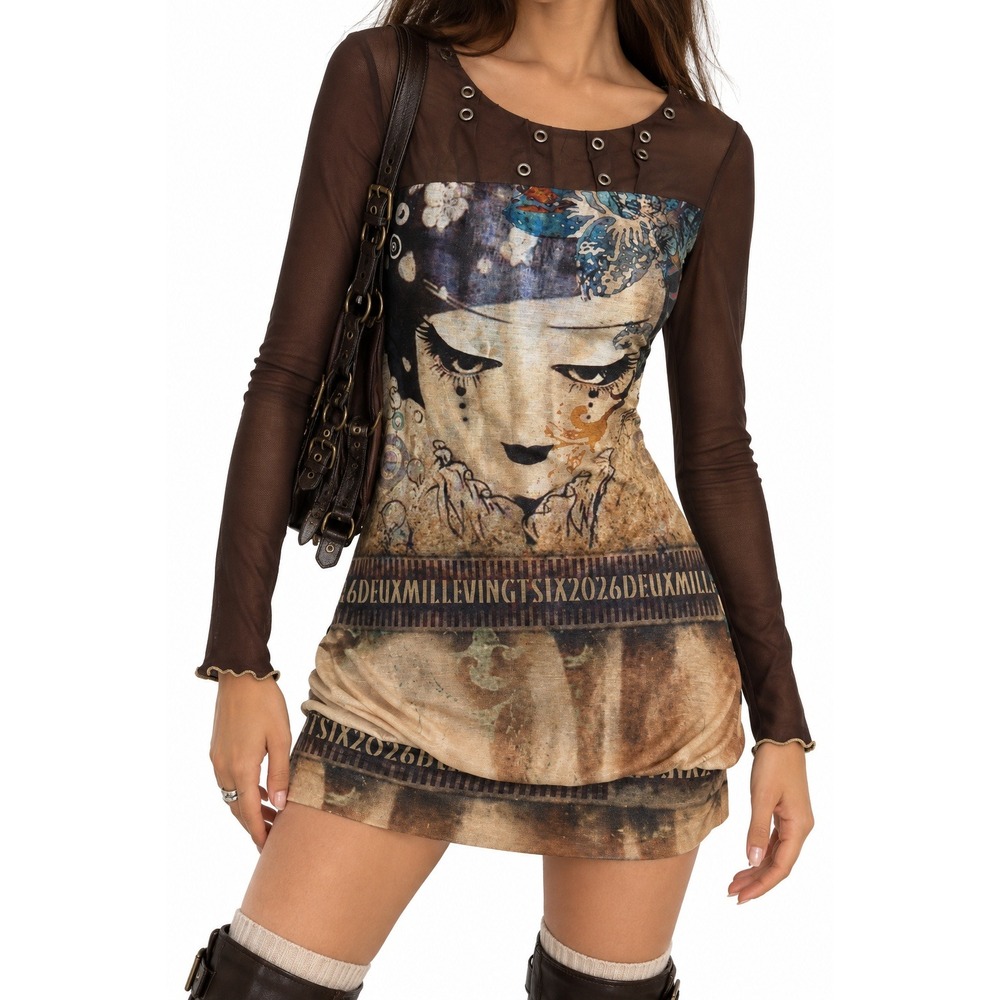 Euro Y2K Mesh Mini Dress sz 2 Vintage Graphic Print Layered Bubble Hem Brown